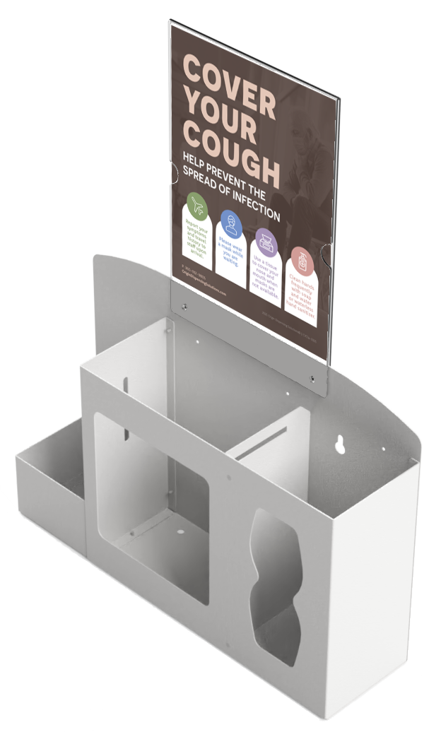 Respiratory Hygiene Station. Beige metal, Flu Station with sign holder and "Cover Your Cough" sign. 3 sections to accommodate bottle of hand sanitizer, earloop face masks, and tissues. Unit empty, and front facing slightly left angled.
