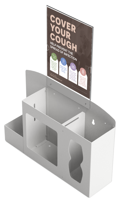 Respiratory Hygiene Station. Beige metal, Flu Station with sign holder and "Cover Your Cough" sign. 3 sections to accommodate bottle of hand sanitizer, earloop face masks, and tissues. Unit empty, and front facing slightly left angled.