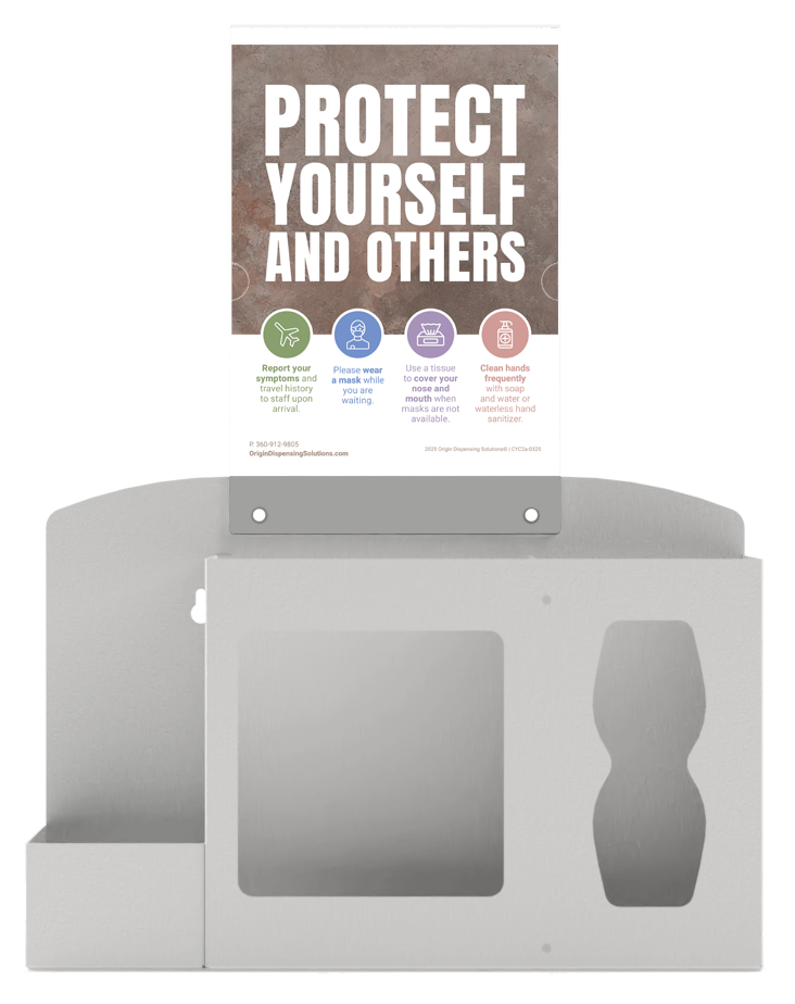 Respiratory Hygiene Station. Beige metal, Flu Station with sign holder and "Protect Yourself and Others" sign. 3 sections to accommodate bottle of hand sanitizer, earloop face masks, and tissues. Unit empty and front facing.