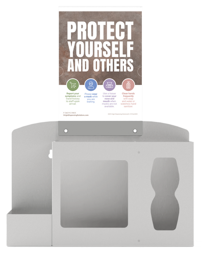 Respiratory Hygiene Station. Beige metal, Flu Station with sign holder and "Protect Yourself and Others" sign. 3 sections to accommodate bottle of hand sanitizer, earloop face masks, and tissues. Unit empty and front facing.