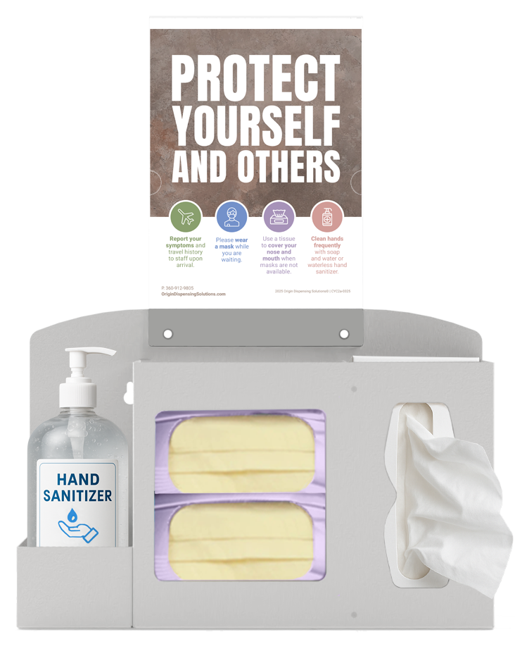 Respiratory Hygiene Station. Beige Metal, Flu Station, 3 sections with a sign holder. Unit full, and front facing, showing one hand sanitizer dispenser, 2 boxes of earloop facemasks and one box of tissues. Sign holder holds a "Protect yourself and others" inside.