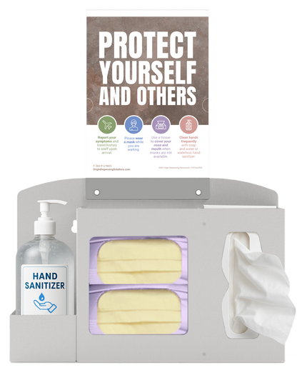 Respiratory Hygiene Station. Beige Metal, Flu Station, 3 sections with a sign holder. Unit full, and front facing, showing one hand sanitizer dispenser, 2 boxes of earloop facemasks and one box of tissues. Sign holder holds a "Protect yourself and others" inside.
