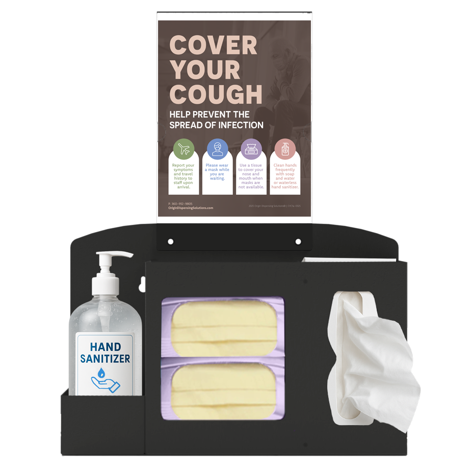 Respiratory Hygiene Station. Blacmetal, Flu Station with sign holder and "Cover Your Cough" sign. 3 sections are holding bottle of hand sanitizer, two boxes of earloop face masks, and tissues. Unit is front facing. 