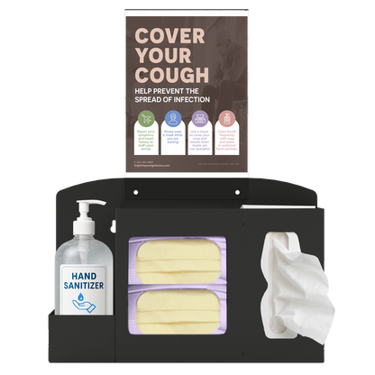 Respiratory Hygiene Station. Blacmetal, Flu Station with sign holder and "Cover Your Cough" sign. 3 sections are holding bottle of hand sanitizer, two boxes of earloop face masks, and tissues. Unit is front facing. 