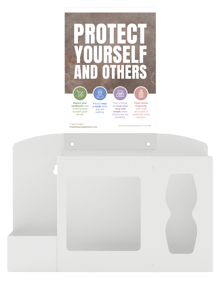 Respiratory Hygiene Station. White Metal, Flu Station, 3 sections with a sign holder. Unit empty. Front facing. Sign holder with a "PROTECT YOURSELF AND OTHERS" sign inside.