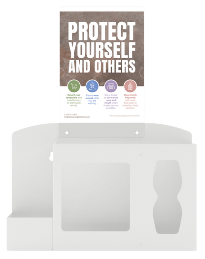 Respiratory Hygiene Station. White Metal, Flu Station, 3 sections with a sign holder. Unit empty. Front facing. Sign holder with a "PROTECT YOURSELF AND OTHERS" sign inside.