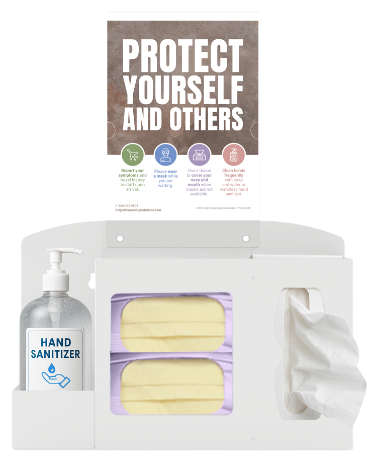 Respiratory Hygiene Station. White metal, Flu Station with sign holder and "Protect Yourself and Others" sign. 3 sections are holding bottle of hand sanitizer, two boxes of earloop face masks, and tissues. Unit is front facing.