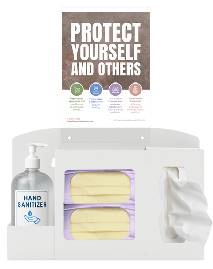 Respiratory Hygiene Station. White metal, Flu Station with sign holder and "Protect Yourself and Others" sign. 3 sections are holding bottle of hand sanitizer, two boxes of earloop face masks, and tissues. Unit is front facing.