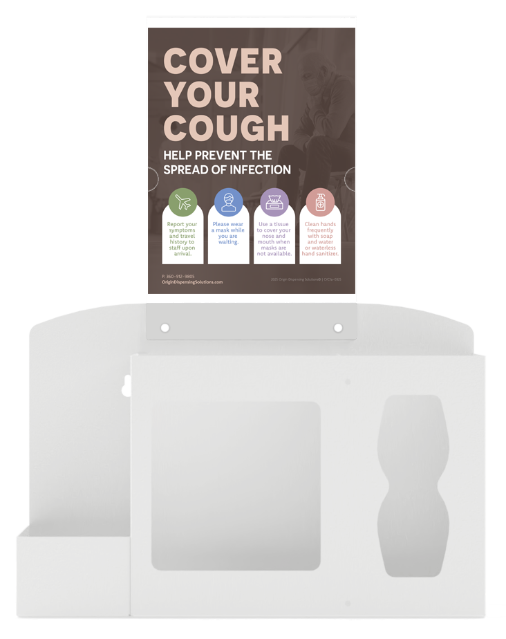 Respiratory Hygiene Station. White Metal, Flu Station, 3 sections with a sign holder. Unit empty. Front facing.  Sign holder in place, showing a "Cover Your Cough" sign inside.