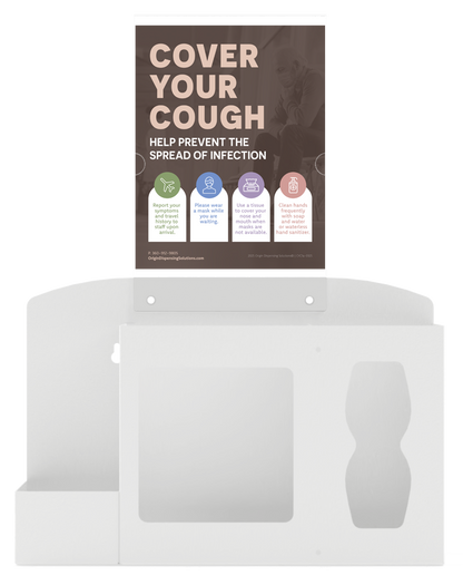 Respiratory Hygiene Station. White Metal, Flu Station, 3 sections with a sign holder. Unit empty. Front facing.  Sign holder in place, showing a "Cover Your Cough" sign inside.
