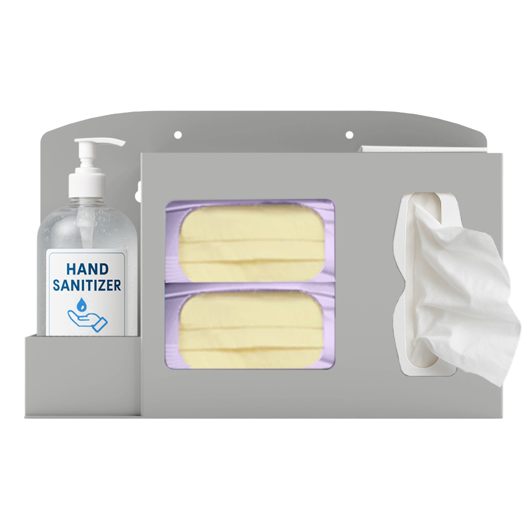 Respiratory Hygiene Station. Beige ABS plastic Flu Station. 3 sections. Unit is full with one bottle of hand sanitizer dispenser, 2 boxes of yellow earloop face masks, and tissues. Unit is front facing.