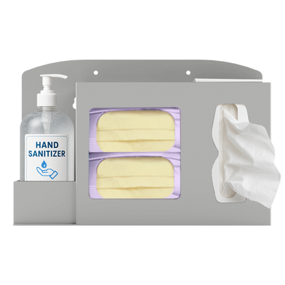 Respiratory Hygiene Station. Beige ABS plastic Flu Station. 3 sections. Unit is full with one bottle of hand sanitizer dispenser, 2 boxes of yellow earloop face masks, and tissues. Unit is front facing.