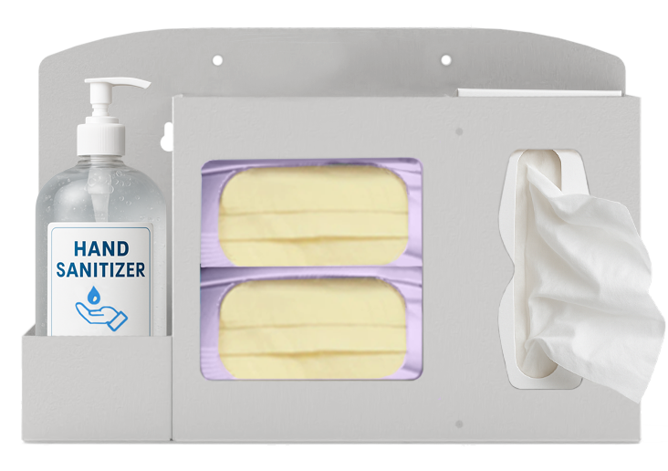 Respiratory Hygiene Station. Beige Metal, Flu Station, 3 sections, Unit full, and front facing, showing one hand sanitizer bottle 2 boxes of earloop facemasks and one box of tissues.