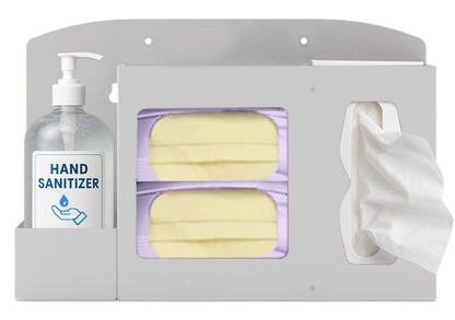Respiratory Hygiene Station. Beige Metal, Flu Station, 3 sections, Unit full, and front facing, showing one hand sanitizer bottle 2 boxes of earloop facemasks and one box of tissues.