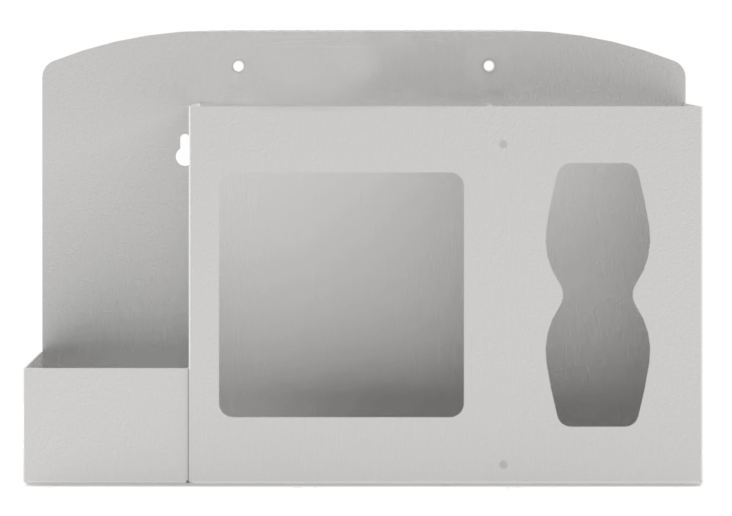 Respiratory Hygiene Station. Beige Metal Flu Station. 3 sections to accommodate bottle of hand sanitizer dispenser, earloop face masks, and tissues. Unit empty, and front facing.