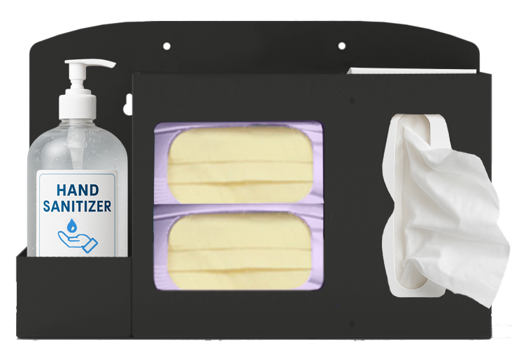 Respiratory Hygiene Station. Black Metal, Flu Station, 3 sections, Unit full, and front facing, showing one hand sanitizer bottle 2 boxes of earloop facemasks and one box of tissues.