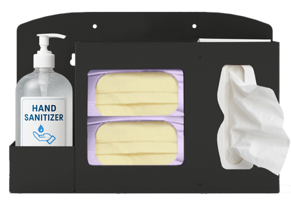 Respiratory Hygiene Station. Black Metal, Flu Station, 3 sections, Unit full, and front facing, showing one hand sanitizer bottle 2 boxes of earloop facemasks and one box of tissues.