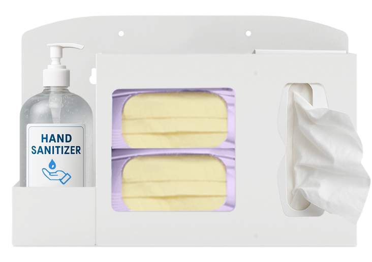 Respiratory Hygiene Station. White Metal, Flu Station, 3 sections, Unit full, and front facing, showing one hand sanitizer bottle 2 boxes of earloop facemasks and one box of tissues.