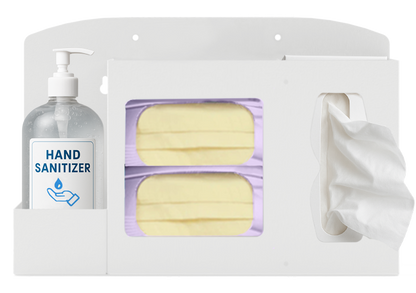 Respiratory Hygiene Station. White Metal, Flu Station, 3 sections, Unit full, and front facing, showing one hand sanitizer bottle 2 boxes of earloop facemasks and one box of tissues.