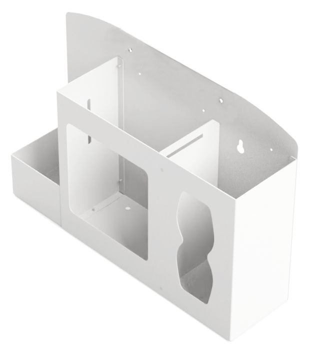 Respiratory Hygiene Station. White Metal, Flu Station, 3 sections, Unit full, and front facing, showing one hand sanitizer bottle 2 boxes of earloop facemasks and one box of tissues.