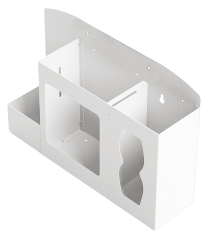 Respiratory Hygiene Station. White Metal, Flu Station, 3 sections, Unit full, and front facing, showing one hand sanitizer bottle 2 boxes of earloop facemasks and one box of tissues.