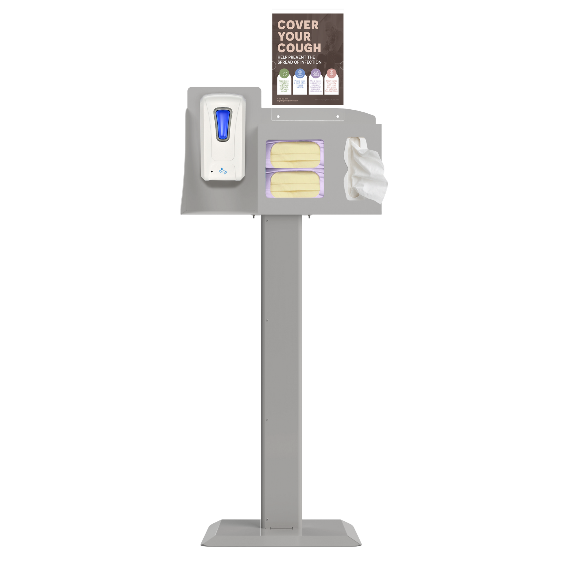 Respiratory Hygiene Station. Beige ABS plastic station, beige steel stand, and clear PETG plastic sign holder. Flu station with 3 sections filled with a hand sanitizer dispenser, 2 boxes of earloop face masks, and tissues. Unit is front facing and has a Cover Your Cough sign.