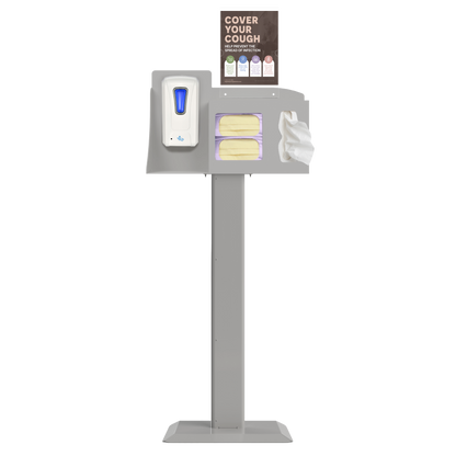 Respiratory Hygiene Station. Beige ABS plastic station, beige steel stand, and clear PETG plastic sign holder. Flu station with 3 sections filled with a hand sanitizer dispenser, 2 boxes of earloop face masks, and tissues. Unit is front facing and has a Cover Your Cough sign.