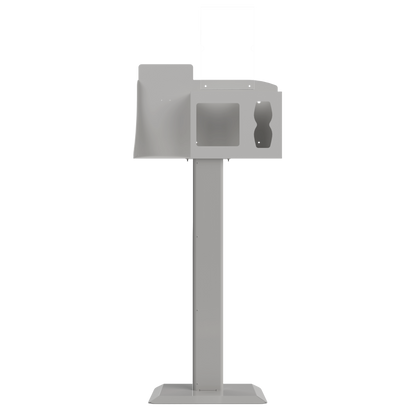Respiratory Hygiene Station. Beige ABS plastic station, beige steel stand, and clear PETG plastic sign holder. Flu station with 3 sections to accommodate a hand sanitizer dispenser, 2 boxes of earloop face masks, and tissues. Unit is empty and front facing.