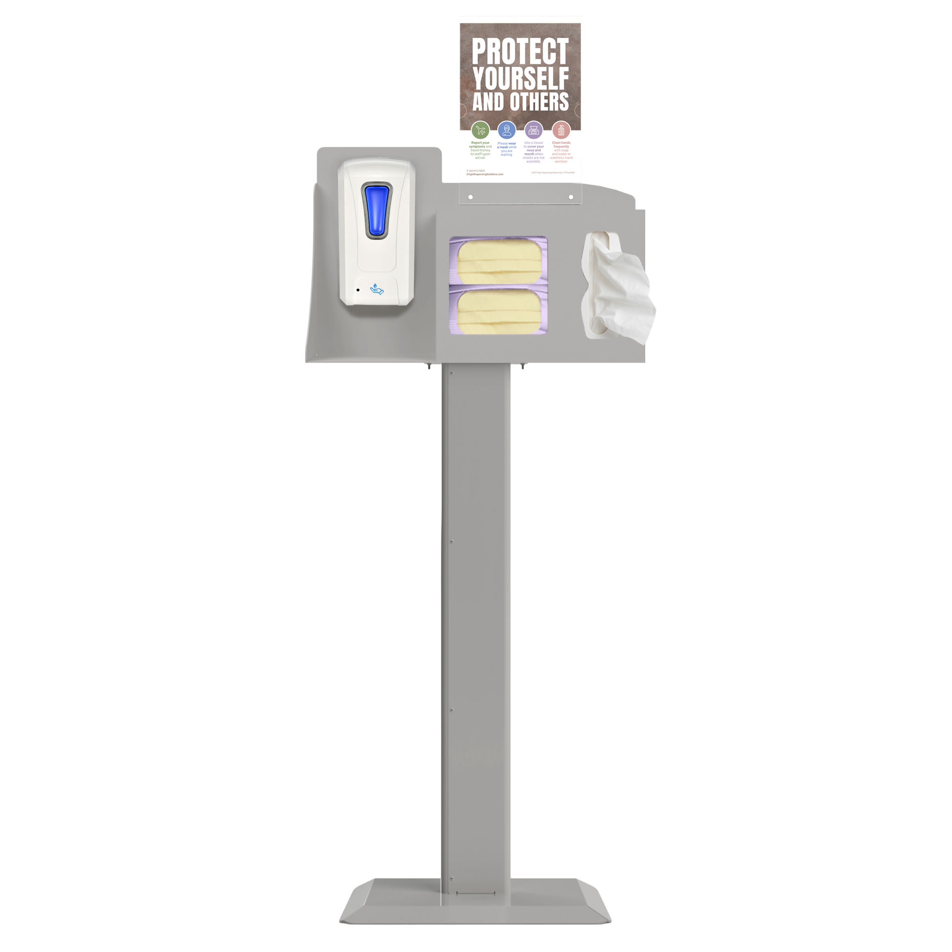 Respiratory Hygiene Station. Beige ABS plastic station, beige steel stand, and clear PETG plastic sign holder. Flu station with 3 sections filled with a hand sanitizer dispenser, 2 boxes of earloop face masks, and tissues. Unit is front facing and has a Protect Yourself sign.