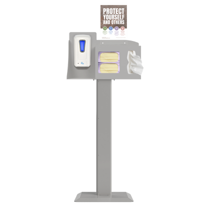 Respiratory Hygiene Station. Beige ABS plastic station, beige steel stand, and clear PETG plastic sign holder. Flu station with 3 sections filled with a hand sanitizer dispenser, 2 boxes of earloop face masks, and tissues. Unit is front facing and has a Protect Yourself sign.