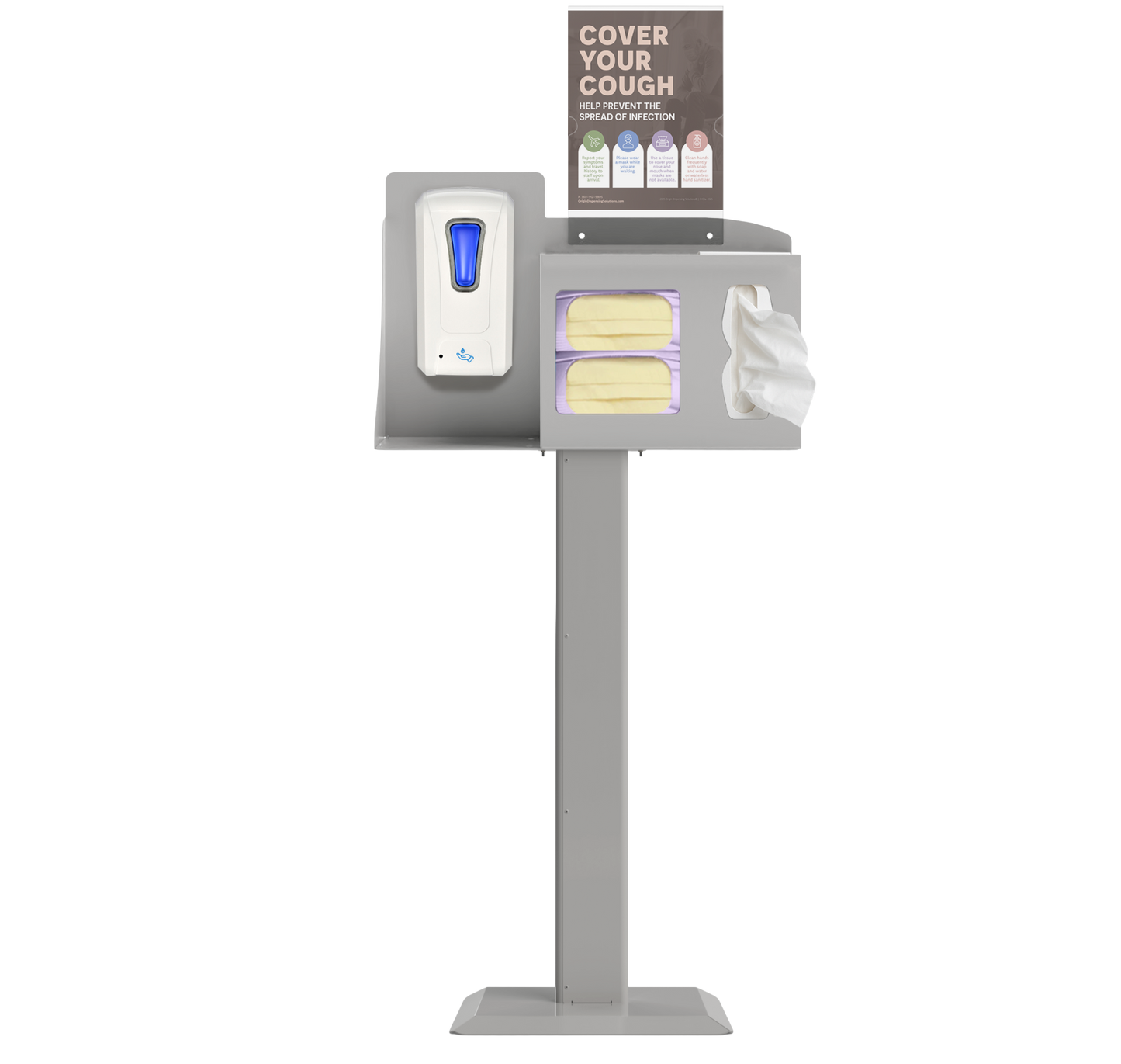 Respiratory Hygiene Station with masks, tissues, hand sanitizer dispenser, sign with cover your cough on a stand. beige metal.