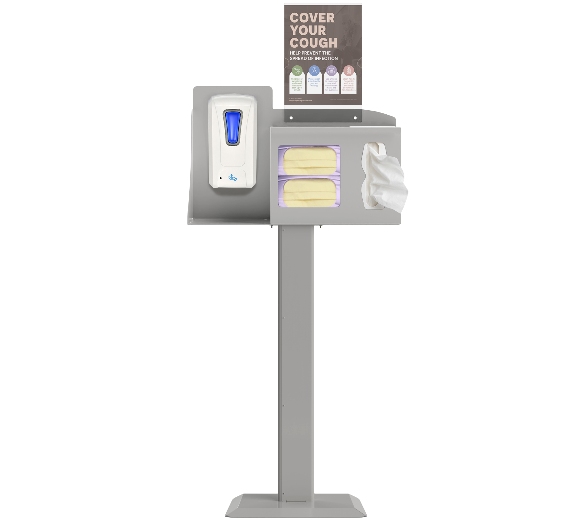 Respiratory Hygiene Station with masks, tissues, hand sanitizer dispenser, sign with cover your cough on a stand. beige metal.
