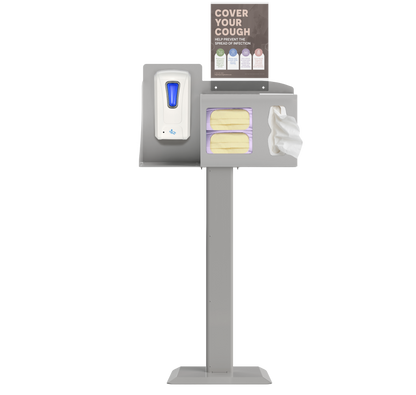 Respiratory Hygiene Station with masks, tissues, hand sanitizer dispenser, sign with cover your cough on a stand. beige metal.