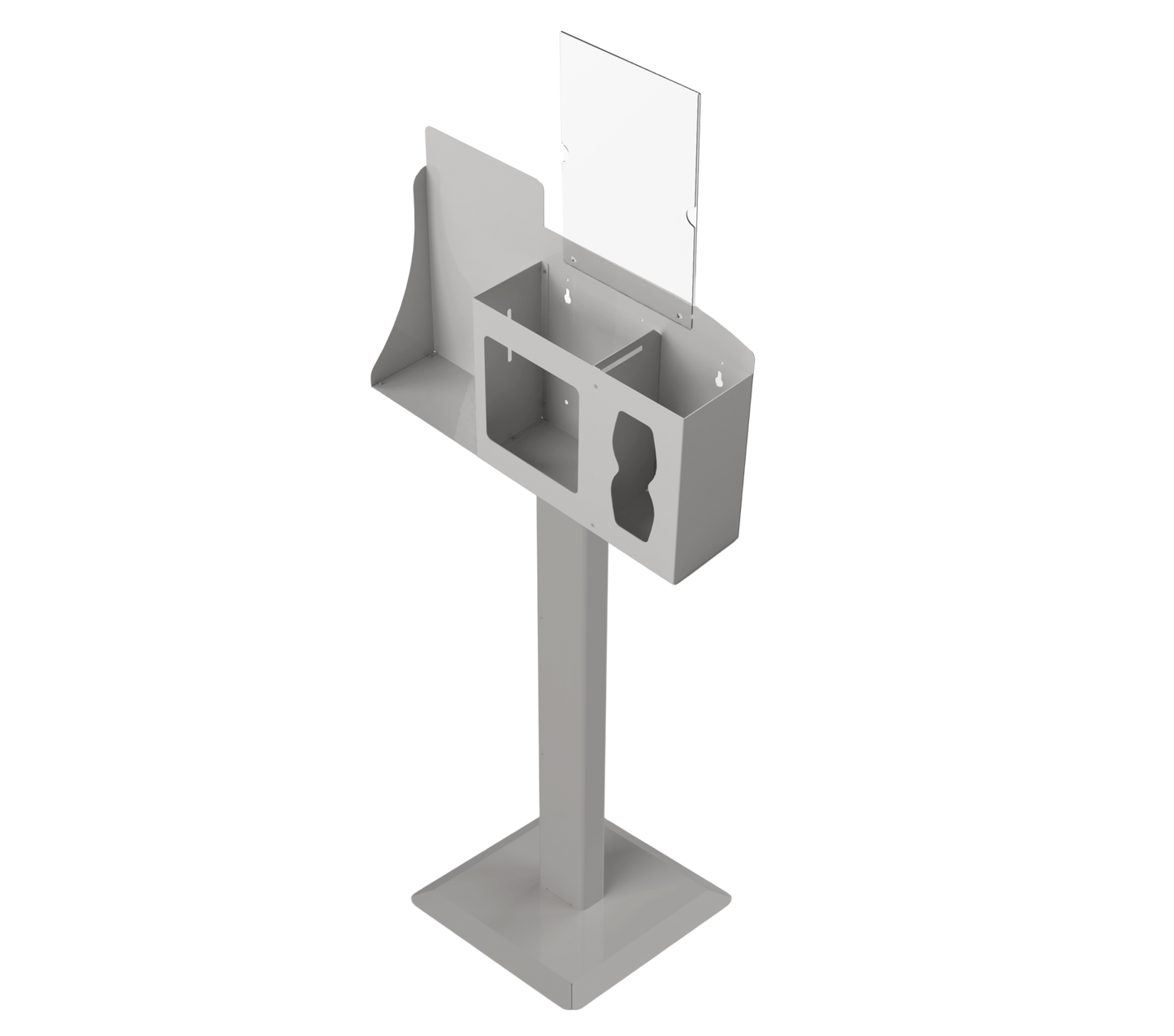 Respiratory Hygiene Station empty with sign holder and stand beige metal, angled slightly left.