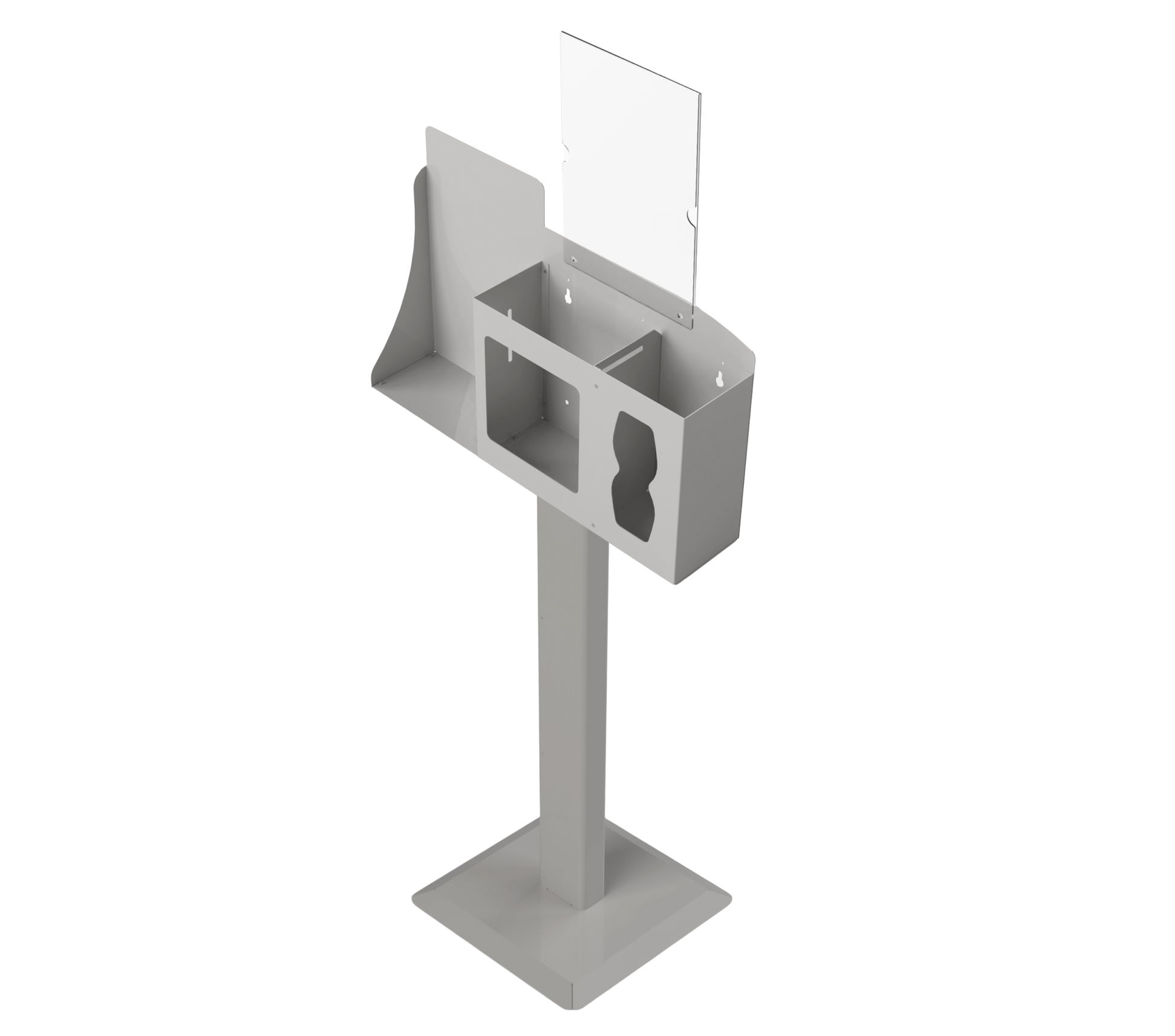 Respiratory Hygiene Station empty with sign holder and stand beige metal, angled slightly left.