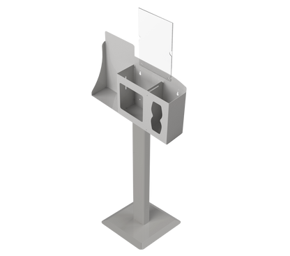 Respiratory Hygiene Station empty with sign holder and stand beige metal, angled slightly left.