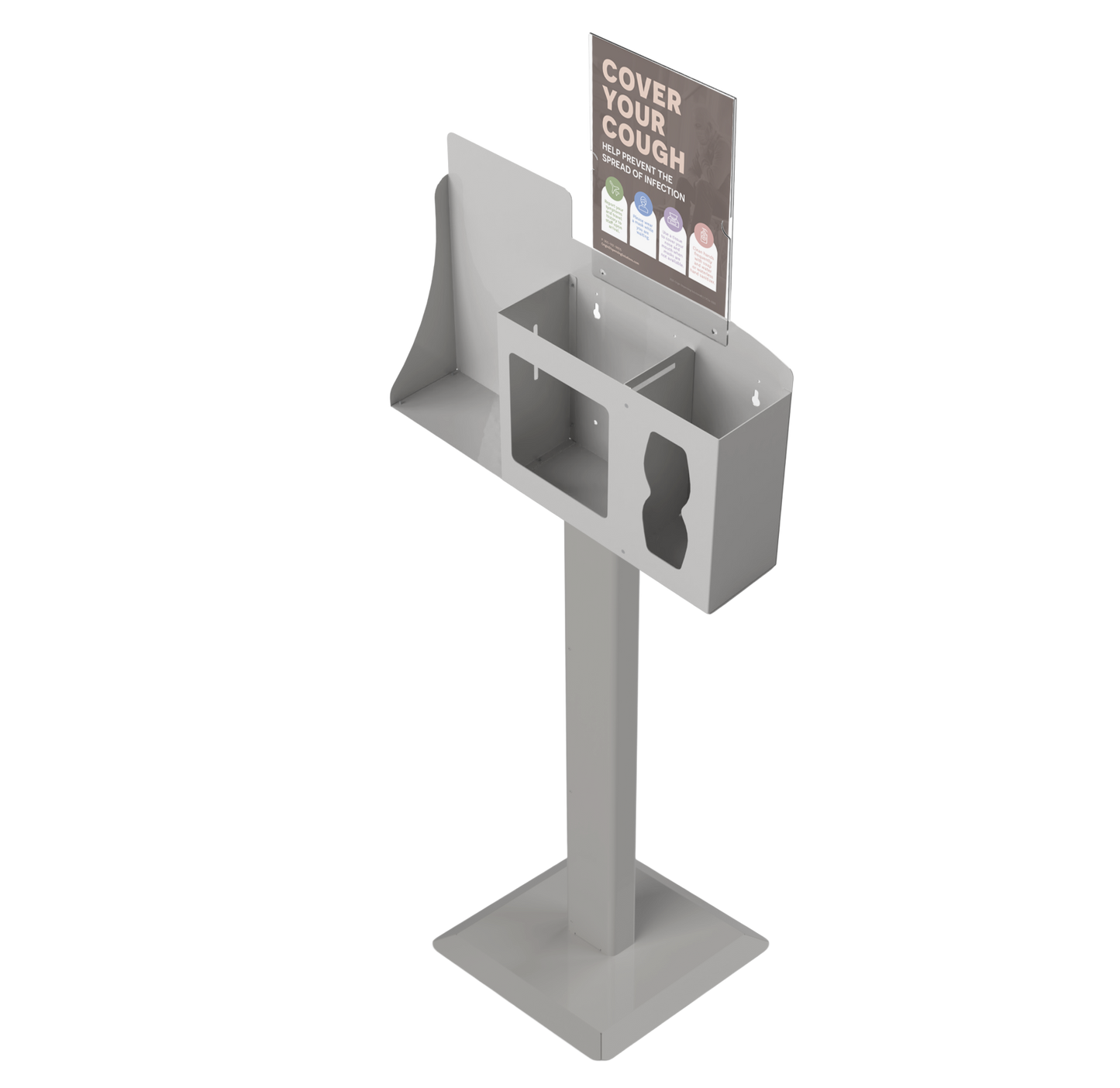 Respiratory Hygiene Station empty with sign with cover your cough on a stand. beige metal. angled slightly left.