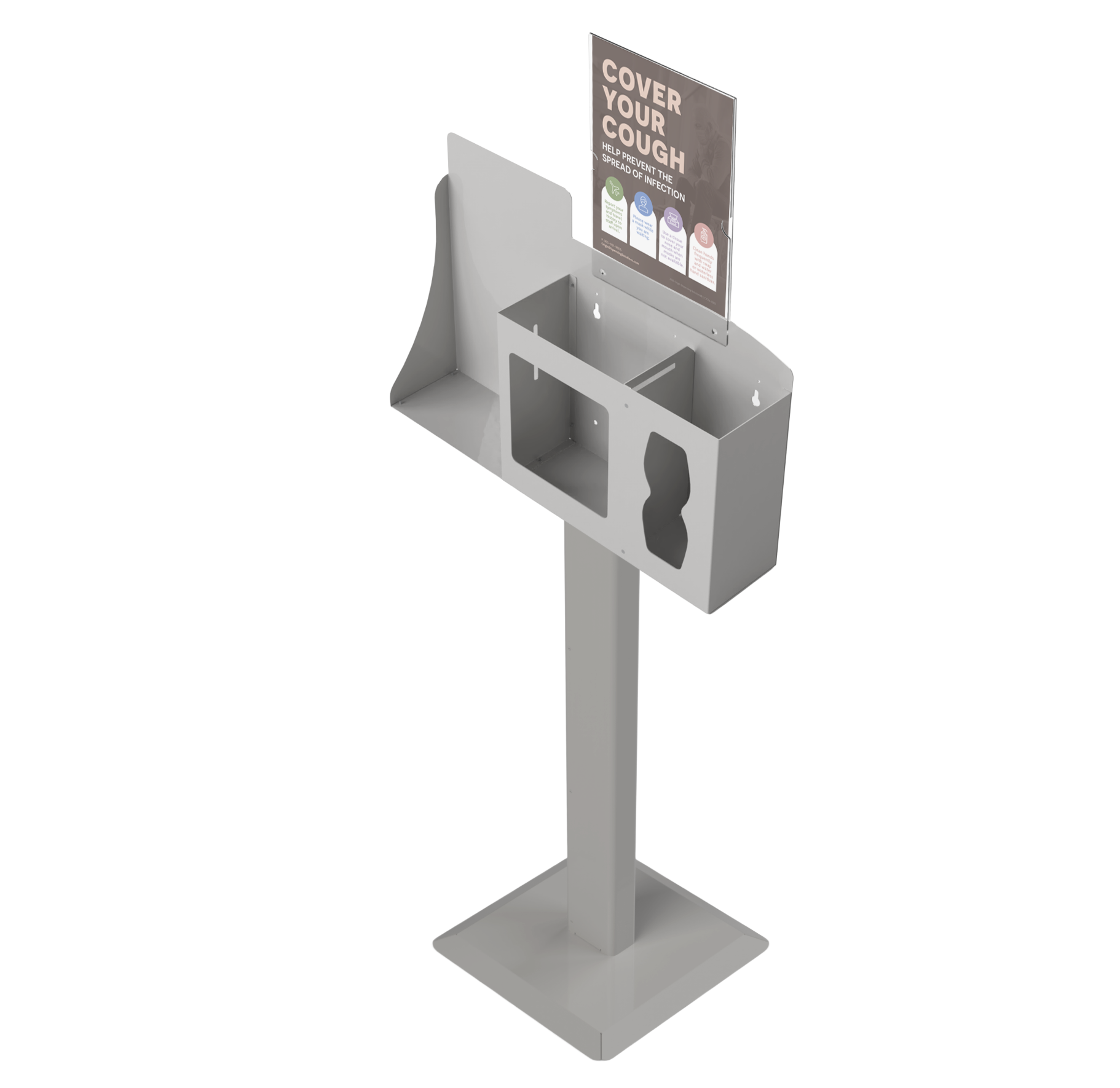 Respiratory Hygiene Station empty with sign with cover your cough on a stand. beige metal. angled slightly left.