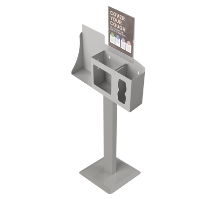 Respiratory Hygiene Station empty with sign with cover your cough on a stand. beige metal. angled slightly left.