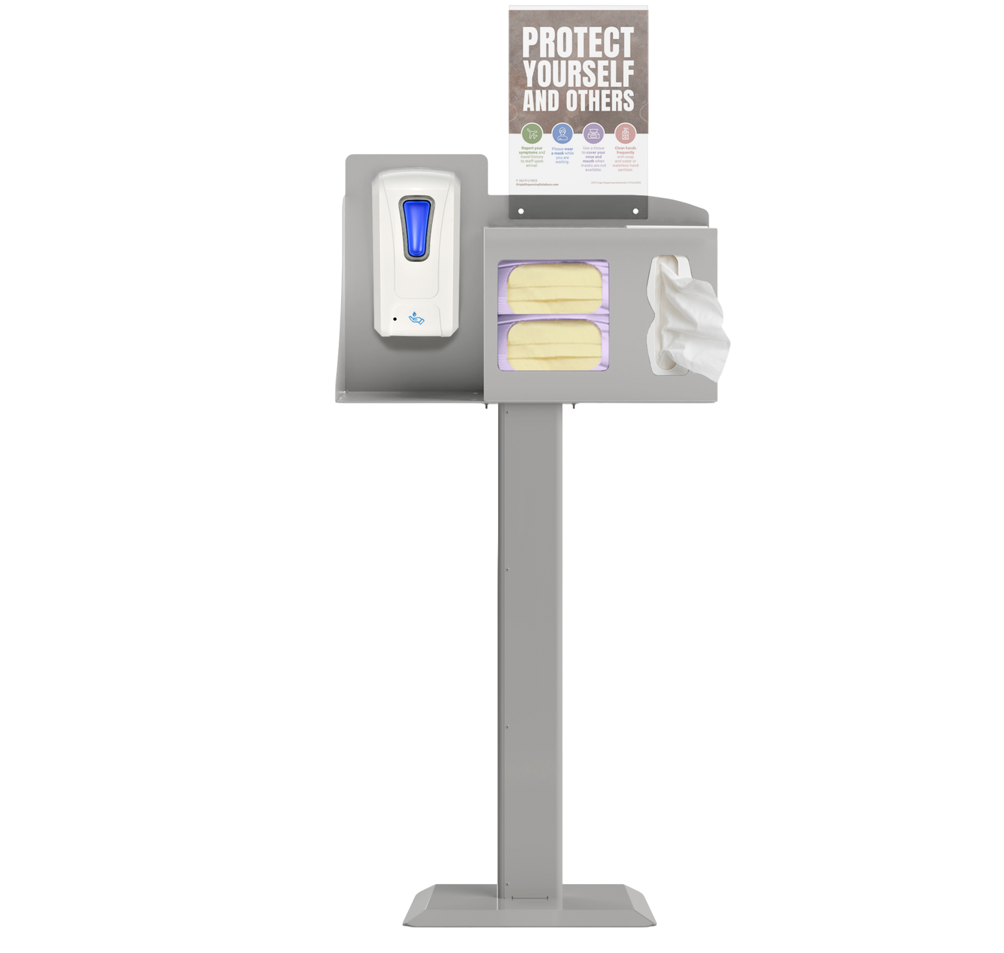Respiratory Hygiene Station with masks, tissues, hand sanitizer dispenser, sign with protect yourself and others on a stand. beige metal.