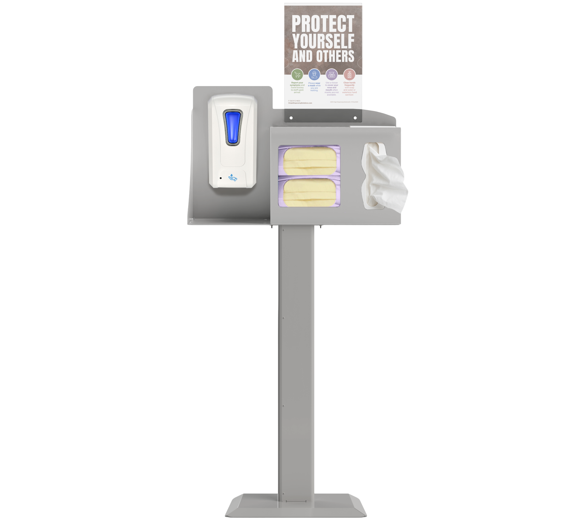 Respiratory Hygiene Station with masks, tissues, hand sanitizer dispenser, sign with protect yourself and others on a stand. beige metal.