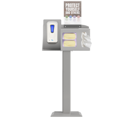 Respiratory Hygiene Station with masks, tissues, hand sanitizer dispenser, sign with protect yourself and others on a stand. beige metal.