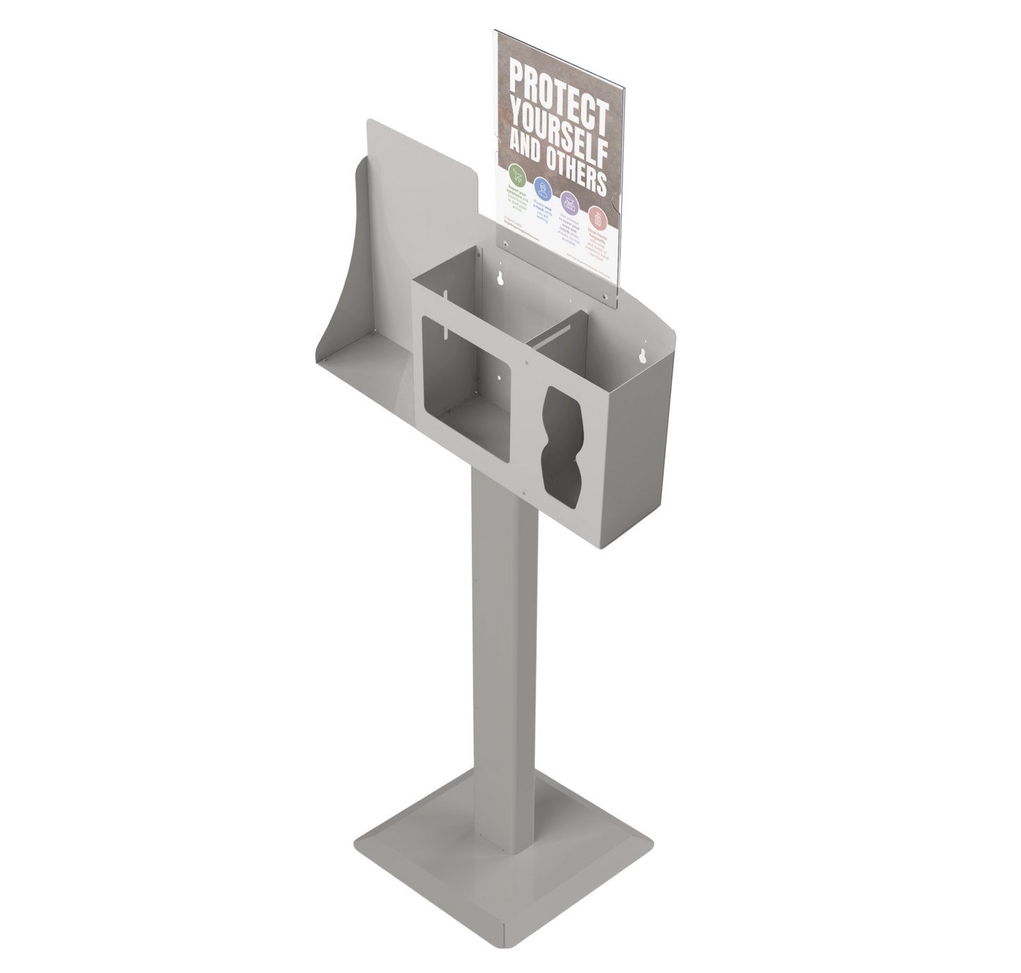 Respiratory Hygiene Station, empty with  sign with protect yourself and others on a stand. beige metal. angled slightly left.