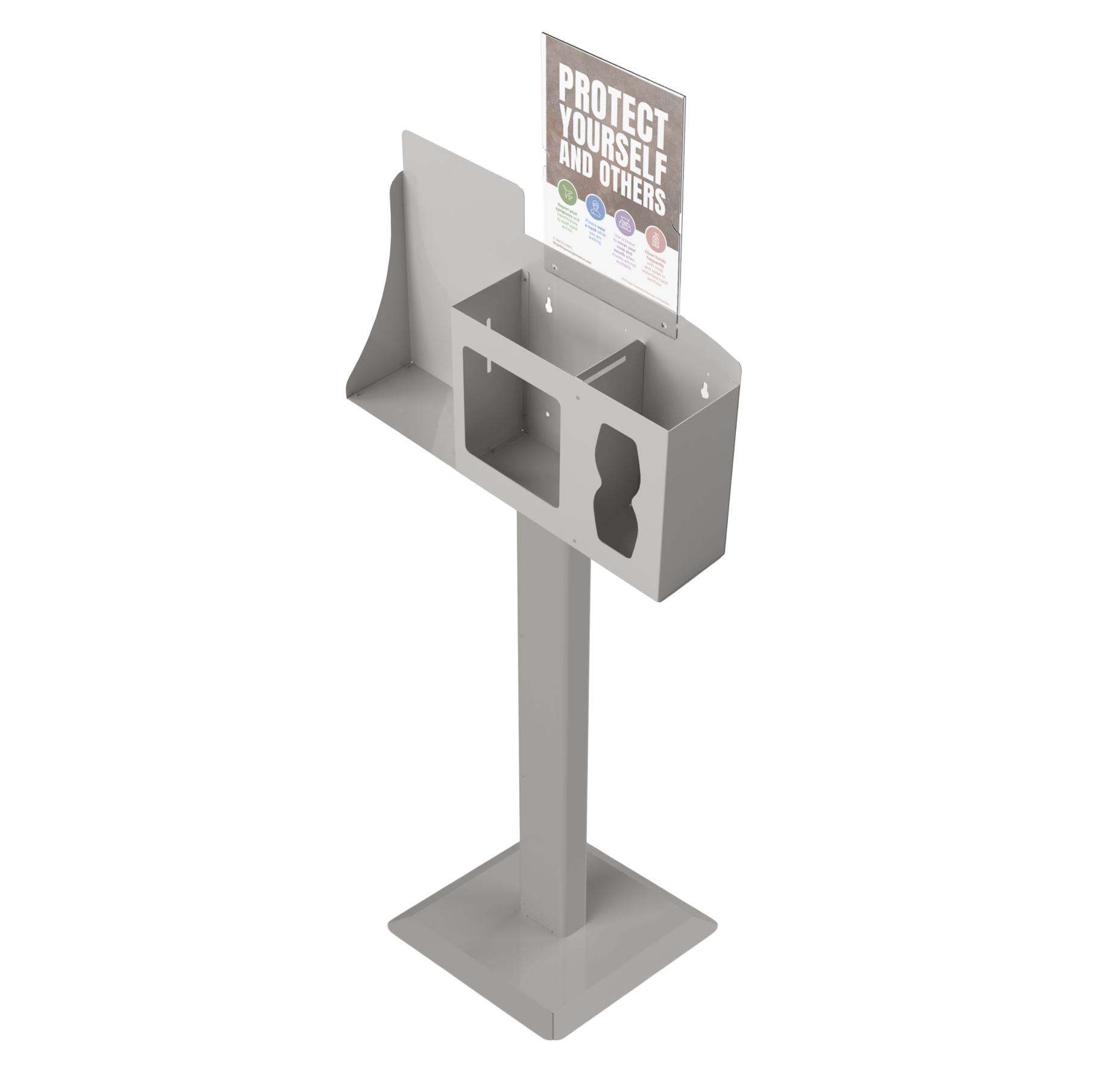 Respiratory Hygiene Station, empty with  sign with protect yourself and others on a stand. beige metal. angled slightly left.