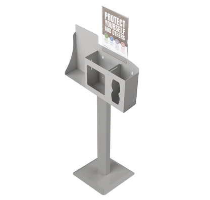 Respiratory Hygiene Station, empty with  sign with protect yourself and others on a stand. beige metal. angled slightly left.