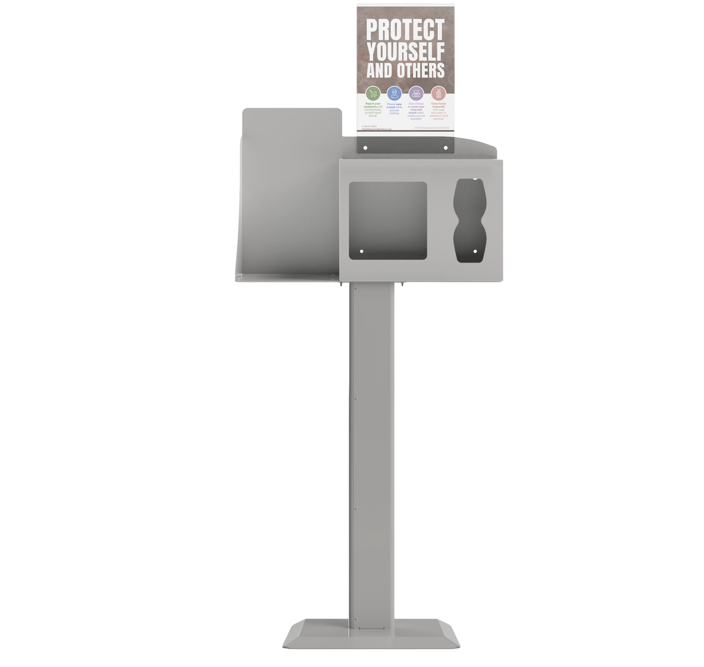 Respiratory Hygiene Station, empty with  sign with "Protect Yourself and Others" sign on a stand. beige metal.