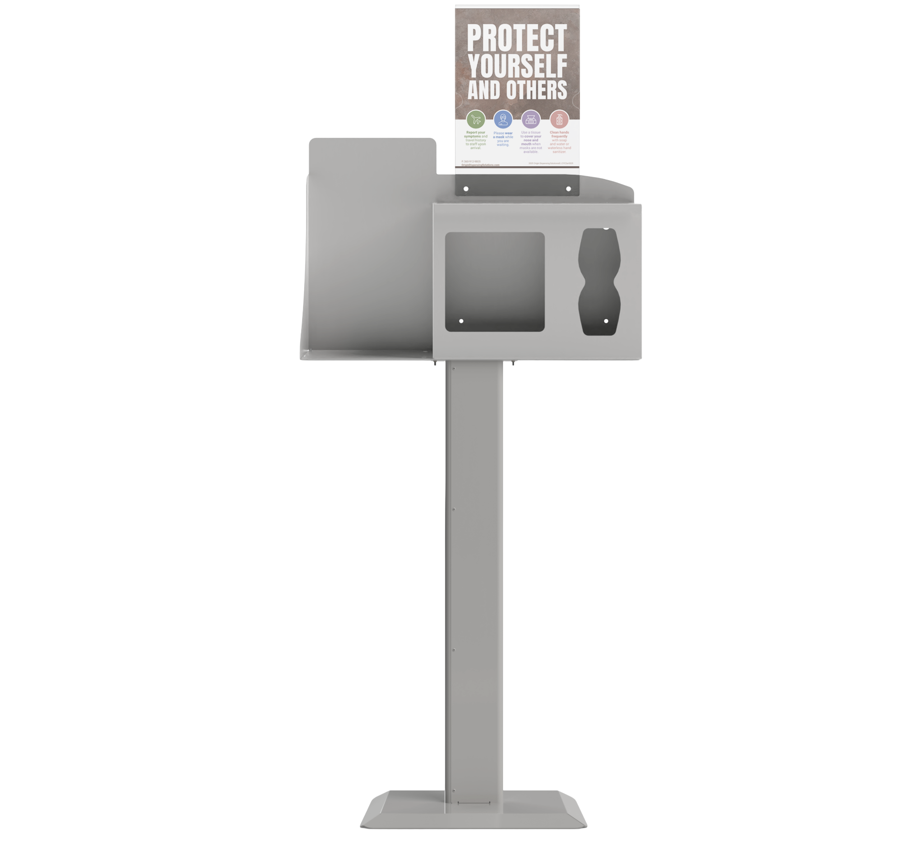 Respiratory Hygiene Station, empty with  sign with "Protect Yourself and Others" sign on a stand. beige metal.