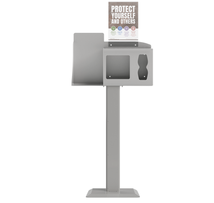 Respiratory Hygiene Station, empty with  sign with "Protect Yourself and Others" sign on a stand. beige metal.