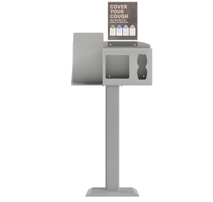 Respiratory Hygiene Station empty with sign with "Cover Your Cough" sign on a stand. beige metal.