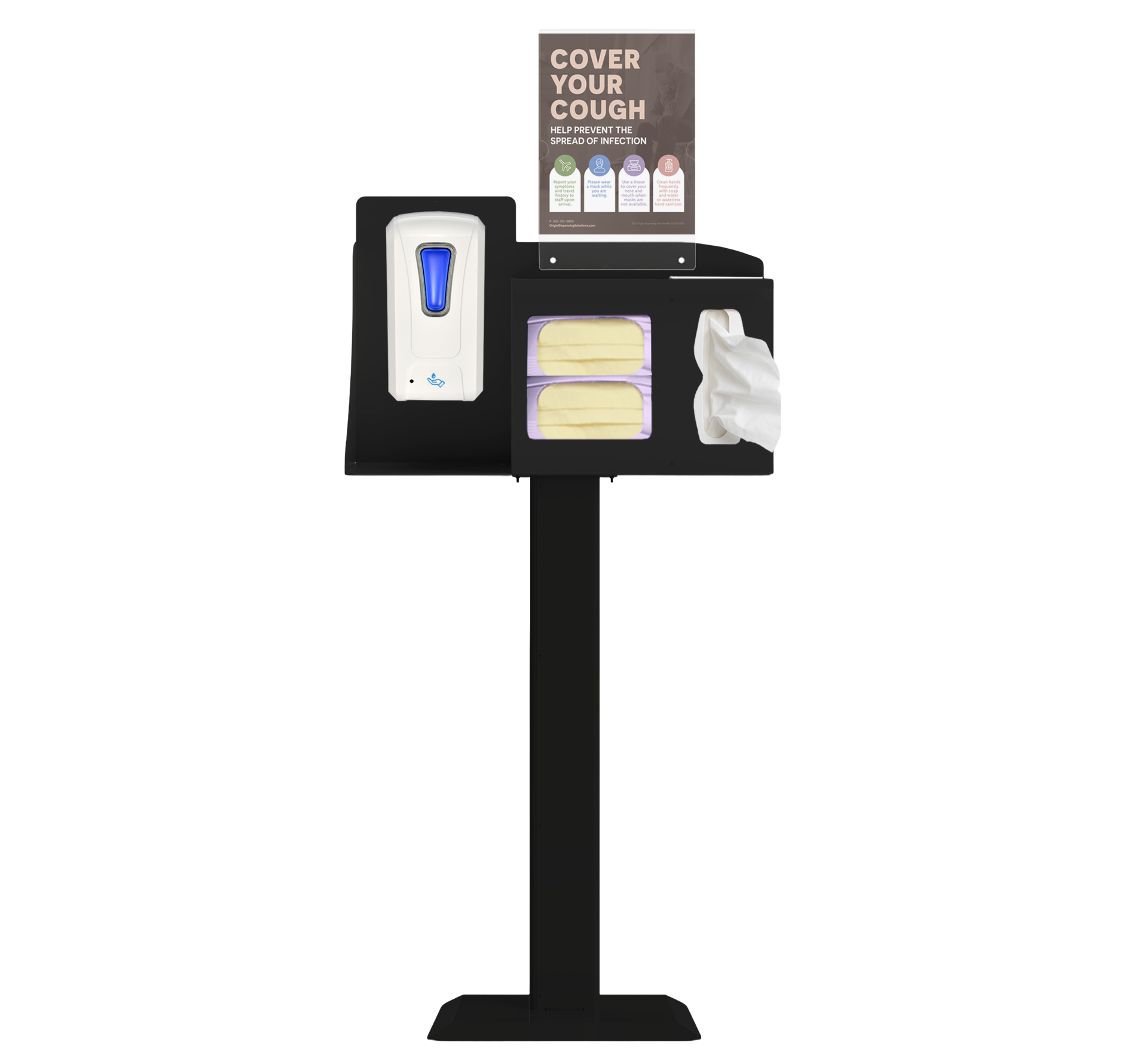 Respiratory Hygiene Station with masks, tissues, hand sanitizer dispenser and sign with Cover Your Cough on a stand. black metal.